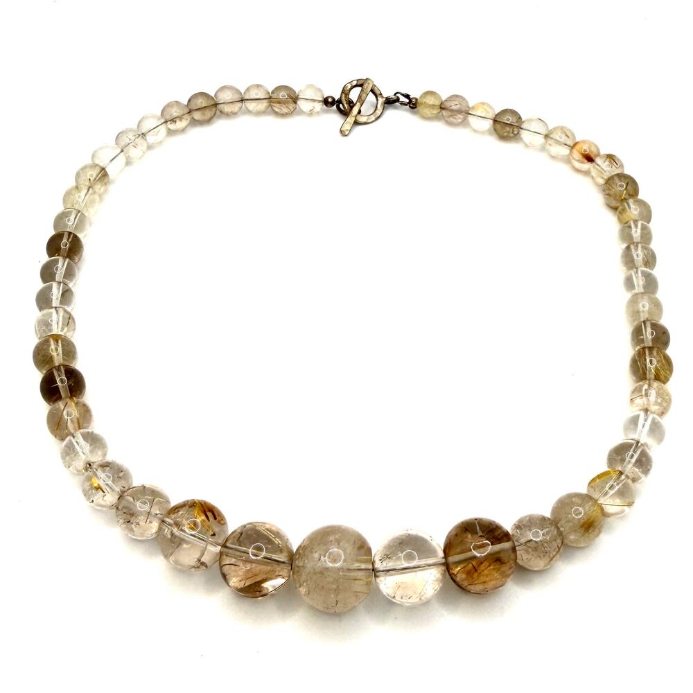 Vintage 90s Rutilated Quartz Graduated Bead Sterling Toggle Necklace